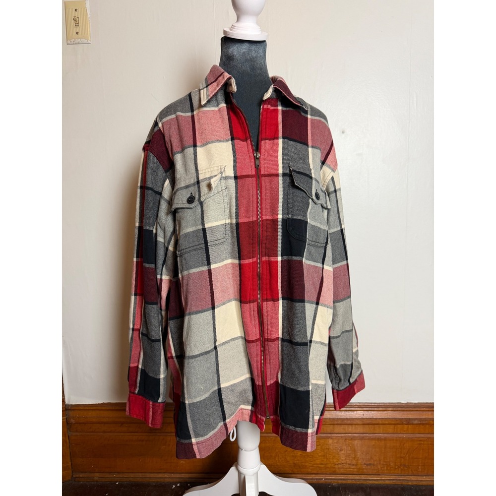 Vintage Jones New York Red Plaid Full Zip Flannel Shirt Jacket grunge barn chore